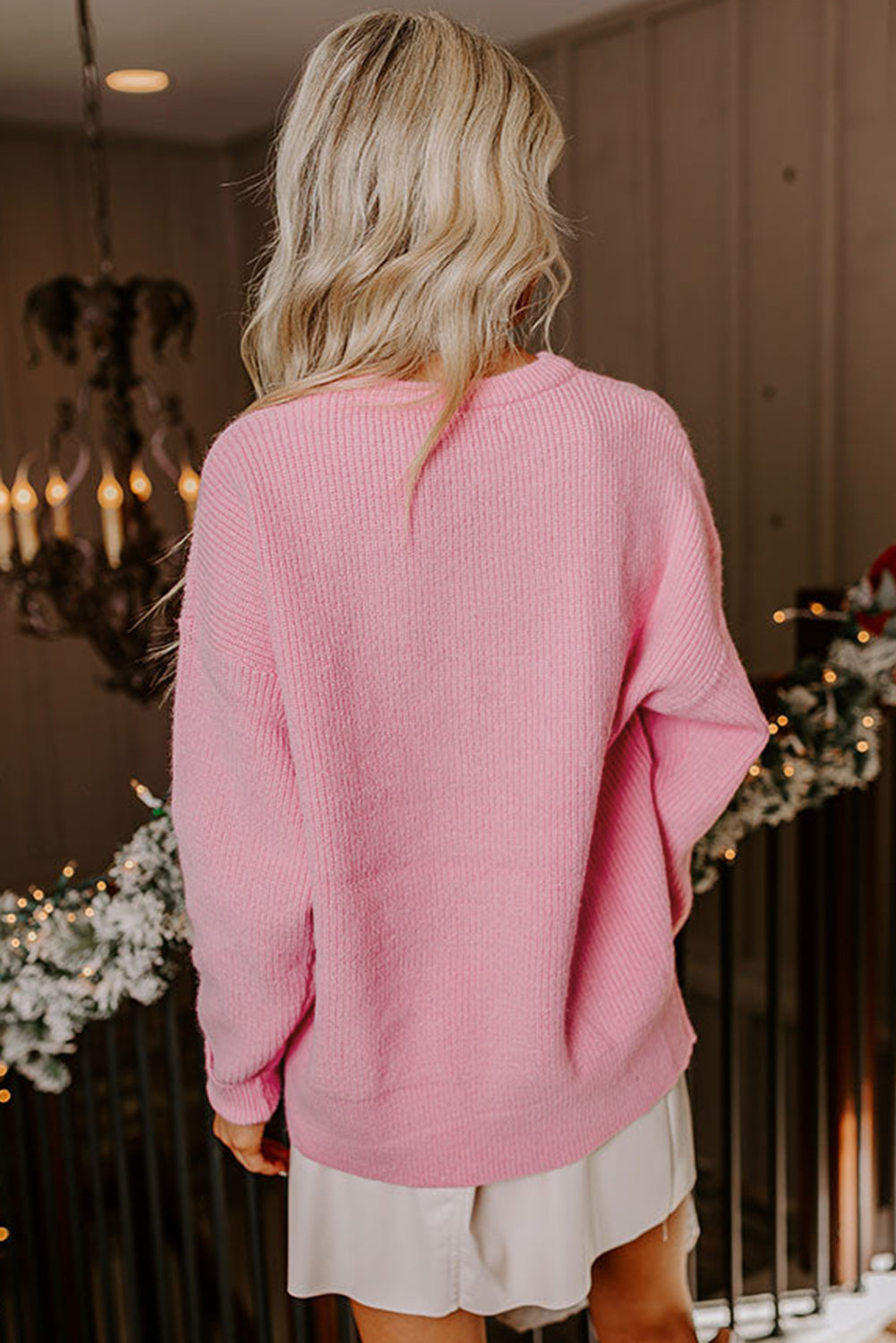 Pink Merry Candy Cane Puffy Knit Crew Neck Sweater Dear-Lover Dropshipping